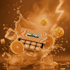 Capsules Wooter avec des éclaboussures de fruits frais illustrant le concept.