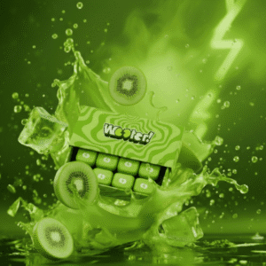 Capsules Wooter avec des éclaboussures de fruits frais illustrant le concept.