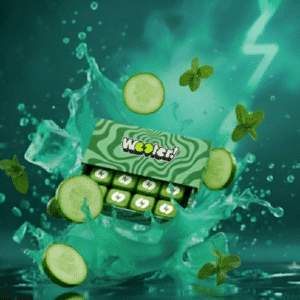 Capsules Wooter avec des éclaboussures de fruits frais illustrant le concept.