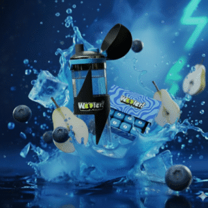 Gourde et capsules Wooter avec des éclaboussures de fruits frais illustrant le concept.